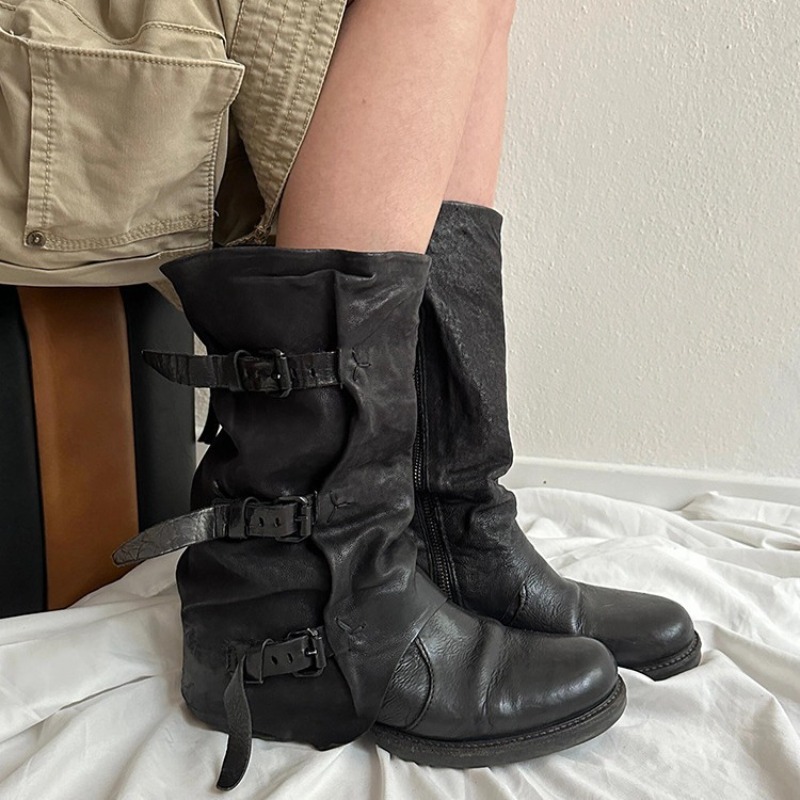 Vintage Zipper - Black Belt Buckle Pleated Mid-Calf Boots